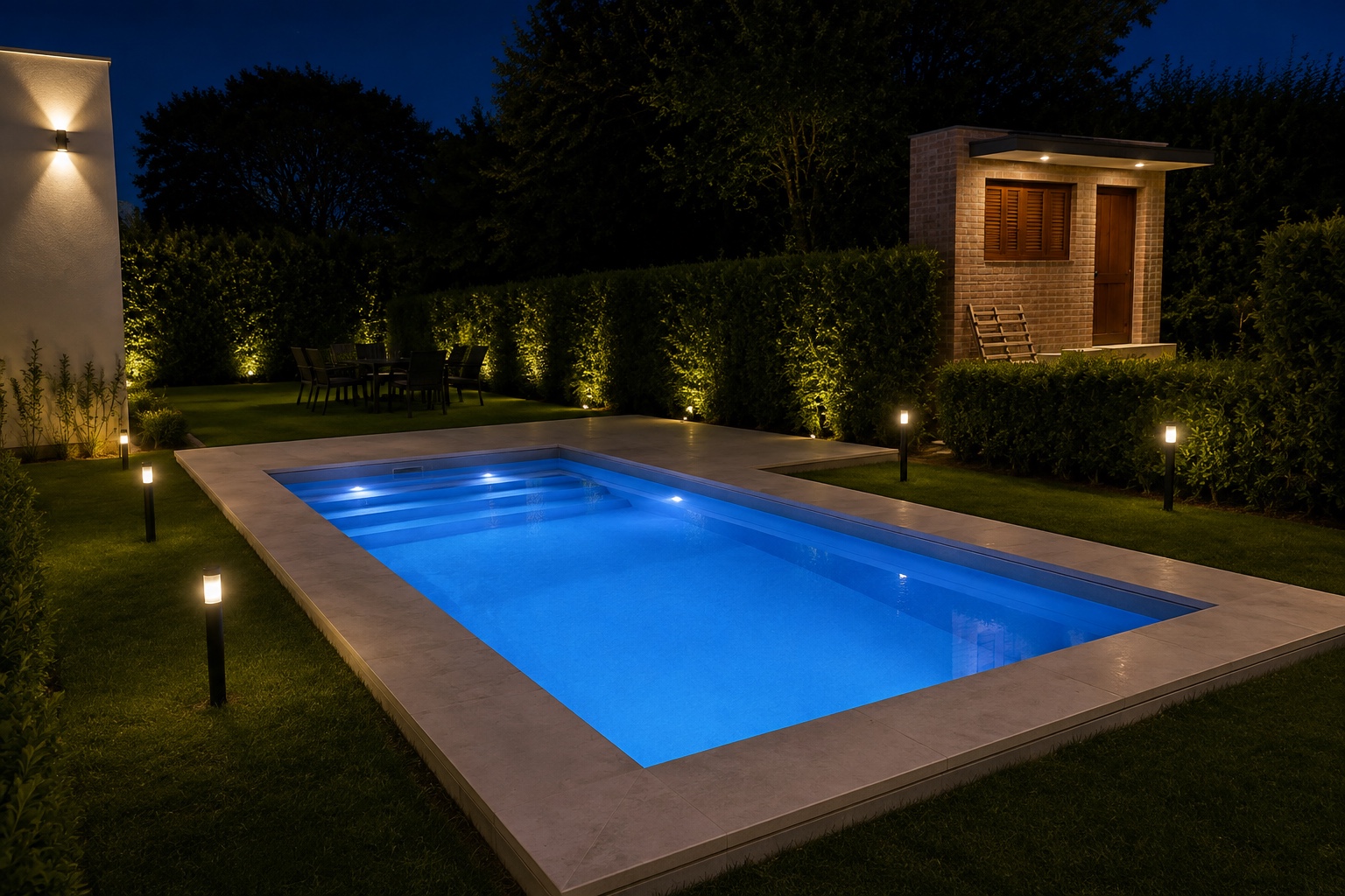 Piscina Aquaforma iluminada en un patio durante la noche