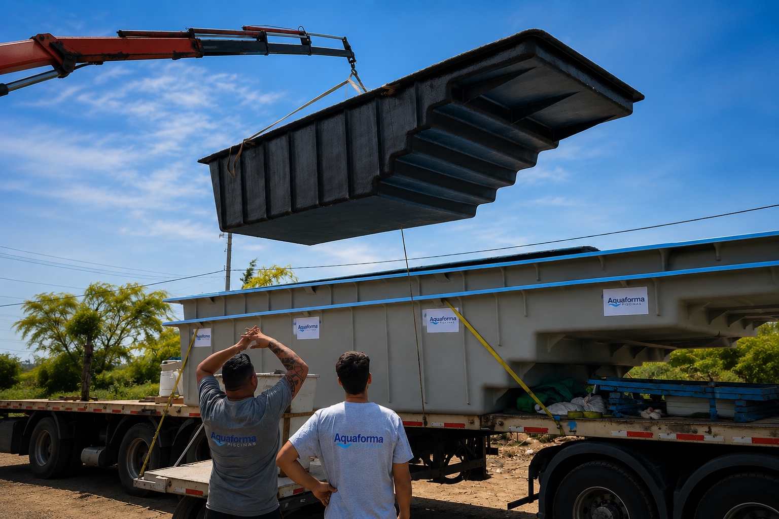 Equipo Aquaforma instalando una piscina en un patio